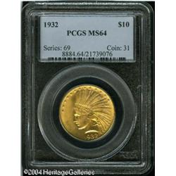 1932 $10 MS64 PCGS. Lustrous surfaces underlay pea 1932 $10 MS64 PCGS.
