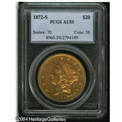 1872-S $20 AU55 PCGS. A lightly handled example of thi 1872-S $20 AU55 PCGS.