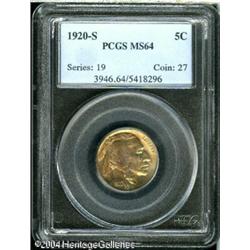 1920-S 5C MS64 PCGS. The 1920-S is a rare coin in MS64 1920-S 5C MS64 PCGS.