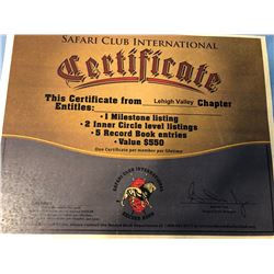 Safari Club International Award Certificate