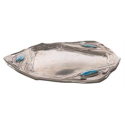 Tudric tray, hammered pewter inset turquoise 