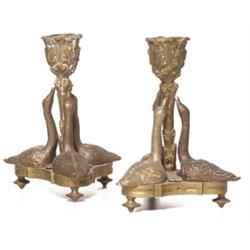 Art Nouveau candlesticks, three geese