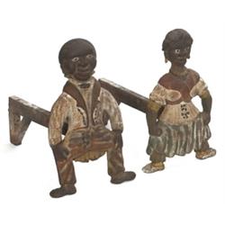 Wrought iron andirons, painted figures