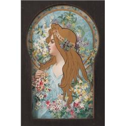 Art Nouveau print, woman surrounded by flowers