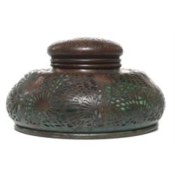 Tiffany Studios inkwell, bronze pine needle design 