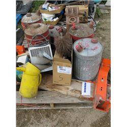 PALLET OF GAS CANS, 220 VOLT HEATER, PROPANE HEATER, DRILL SET