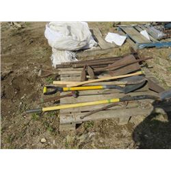 PALLET OF SHOVELS, SLEDGE & AXE HANDLES & 2 JACK ALLS