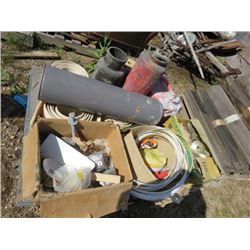 PALLET-ROLL OF BARBED WIRE, MISC NAILS, SPRAY TANK, GAS CANS ETC