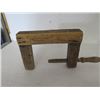 Image 4 : Wooden Vise Grip, 2 bottles, 1 - 1845 Brown hospital bottle, 1 - Sask Liquor 1940s 11" high