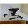 Image 1 : CAST IRON ASH PAIL 3½" BY 1¾" WITH MINIATURE HOE AND AXE (BROKE END)