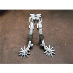 Unmarked Double Mounted Silver Inlaid Drop Shank Spurs- Barrel Chap Guards Cowboy Marked M