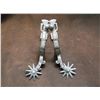 Image 1 : Unmarked Double Mounted Silver Inlaid Drop Shank Spurs- Barrel Chap Guards Cowboy Marked M