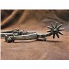 Image 7 : Unmarked Double Mounted Silver Inlaid Drop Shank Spurs- Barrel Chap Guards Cowboy Marked M