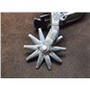 Image 8 : Unmarked Double Mounted Silver Inlaid Drop Shank Spurs- Barrel Chap Guards Cowboy Marked M