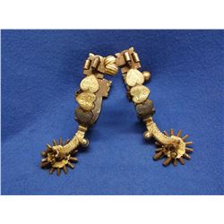 Unmarked Silver Inlaid Drop Shank Spurs- 3 Heart Pattern- Barrel Chap Guards- Rowel Covers