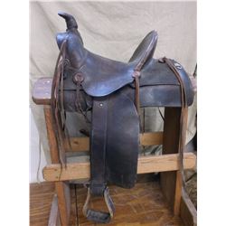 Unmarked Square Skirt High Back Saddle- 13.5" Seat- 7 Swastikas/ Native Good Luck Signs Carved