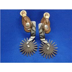 Marked Kennedy 056 Silver Overlaid Spurs- Double Mounted- 4.25" 20 Point Rowels- Straps