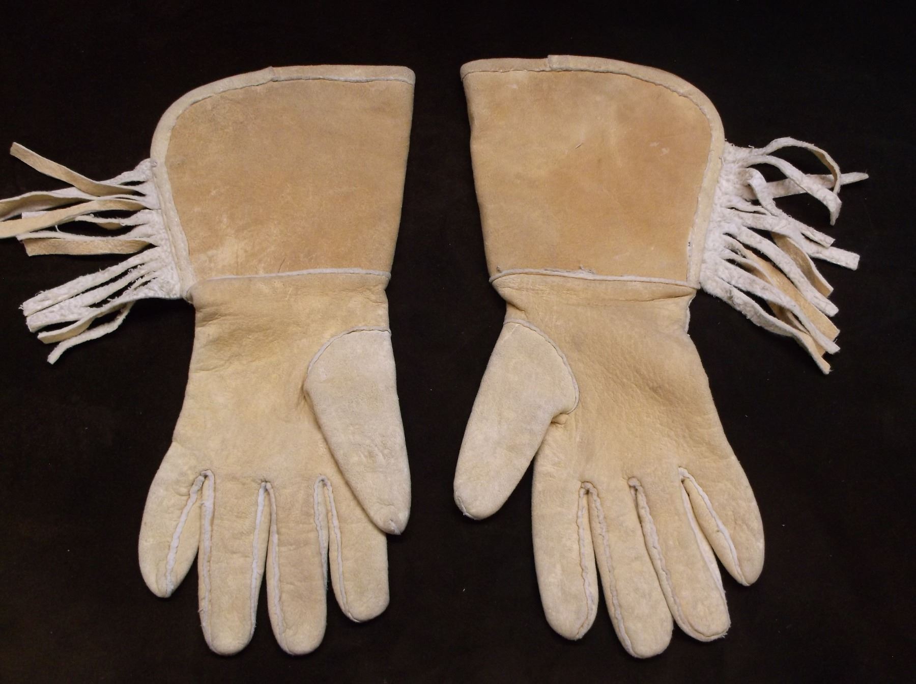 Beaded Leather Gauntlets- Fringed- Cloth Lined- 13