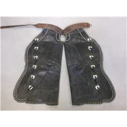 Marked Hamley Circle H D450 28 Batwing Chaps- Tooled and Buckstitched Belt- 12 Nickel Heart Conchos