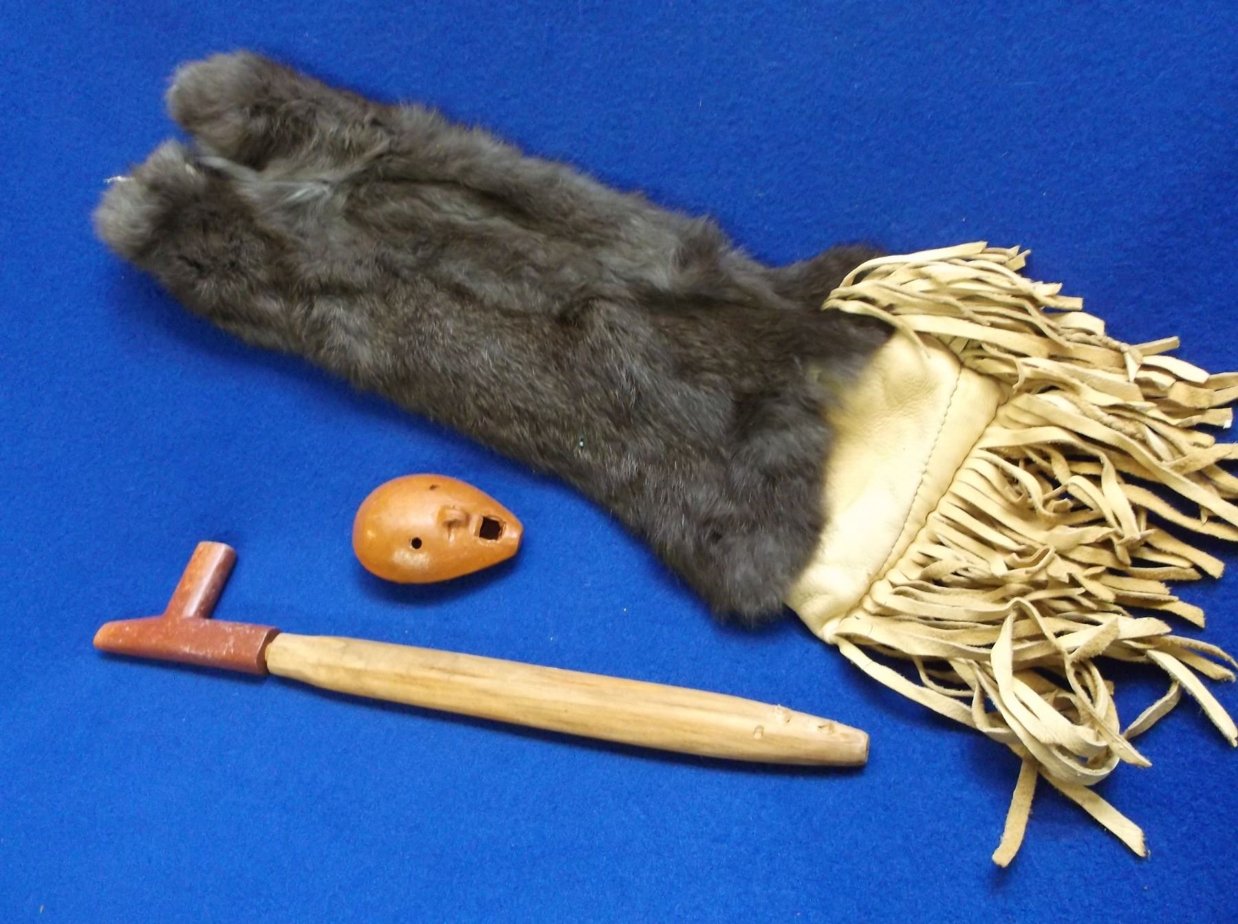 Indian Beaded Pipe Bag With Red Catlinite Pipe and Painted Clay Whistle