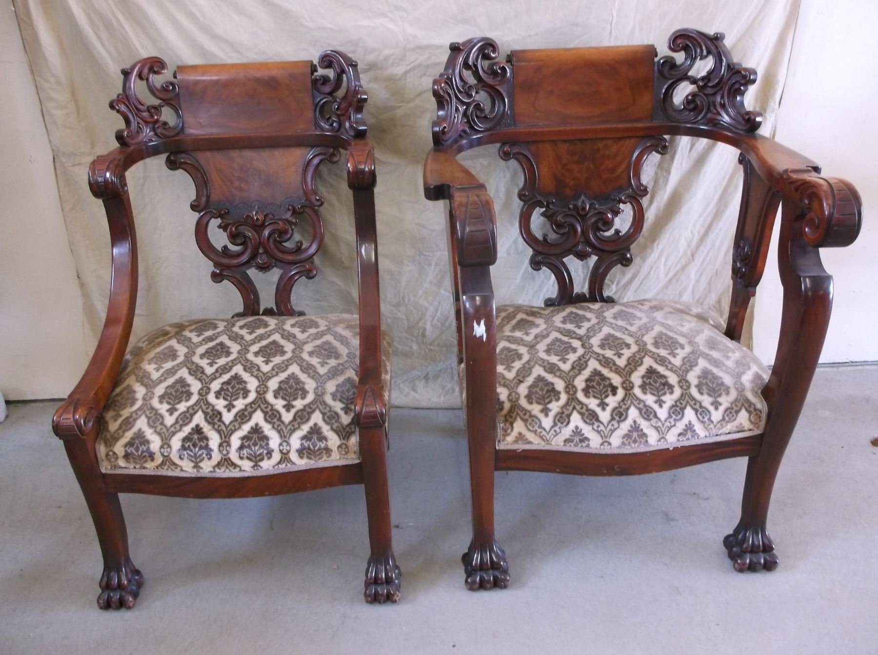 Set of Victorian King and Queen Chairs Claw Feet Carved Upholstered