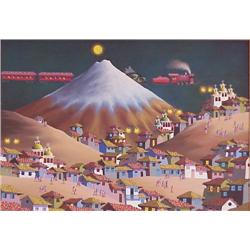 Alquin (20th Century) Mexican, FISH TRAIN, 2000, oil painting on canvas, 19 x 27”, signed and d...