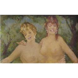 American School (20th Century), NUDE WOMEN IN THE FOREST, oil painting on board, 19 ½ x 30 ½”,...