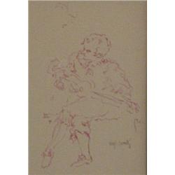 Virgil Burnett (20th Century), THE GUITARIST, ink drawing on paper, 10 x 6 ½”, signed lower rig...
