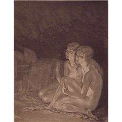 Edouard Chimot (1890-1930) French, TWO GIRLS, etching, signed in pencil, image 7 x 5 ½”, full m...