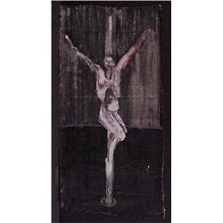 M'liz Keefe (20th Century) American, POLE CRUCIFIXION, oil, tar and sand painting on raw unstre...