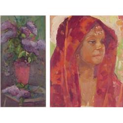 Ruth Prue (20th Century) American (two), MAIDEN IN RED VEIL, oil painting on canvas, 20 x 16”,...