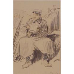 Louis Raemaeker (1859-1956) Dutch, LETTER FROM HOME, color pastel and watercolor on paper, 17 x...