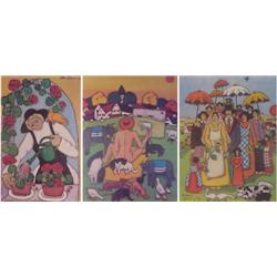 Elke Sommers (20th Century) European (three), PEASANTS, three color prints on canvas, each sign...