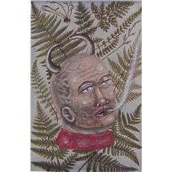 Fred Stonehouse (20th Century) American, DEVIL WITH FERNS, 1988, gouache on book page, 7 ½ x 5”...