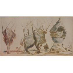 Alfred Zalce (b. 1908) Mexican, VILLAGE OF HAY, 1947, color aquatint etching, signed in pencil,...