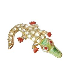 Eye-Catching Vintage 50's Ice Rhinestone Enamel Alligator Crocodile Brooch