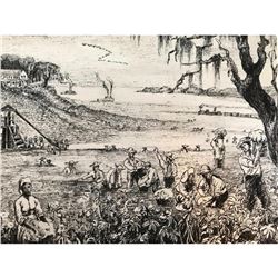 20thc Pen & Ink Sketch, 1800's Cotton Plantation Scene