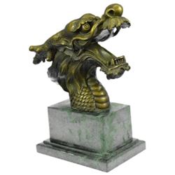 Hot Cast Detailed Dragon Head Bronze Sculpture Green Marble Base Figurine Figure