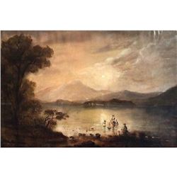 Victorian Scottish Romantic Loch Scene - Figures Washing Laundry Loch