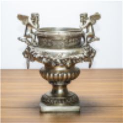 Antique Silver Cherub Urn With Lion Handles C. 19th Century