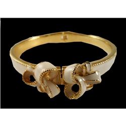 Cream Enamel Hinged Bangle Bracelet with Decorative Bows