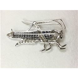 One Of A Kind 18K White Gold, Hue Blue Sapphire, And Many Diamonds Top Quality Grasshopper Broach