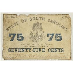 1863 STATE OF SOUTH CAROLINA 75 CENT OBSOLETE BANK