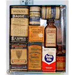 LOT OF OLD BOTTLES, BOXES & CONTAINERS.