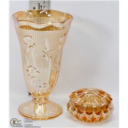 VINTAGE PEACH LUSTER VASE AND TRINKET BOX.