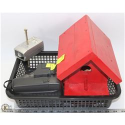 TOTE OF ELECTRONICS AND WOOD BIRD HOUSE INCL