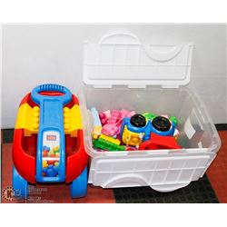 LARGE TOTE OF MEGA BLOCKS WITH MEGA BLOCKS WAGON