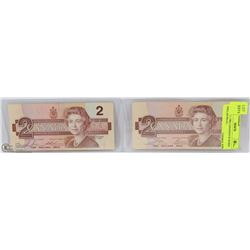 LOT OF 2 -1986 CANADIAN $2 ROBIN DOLLAR BILLS ,