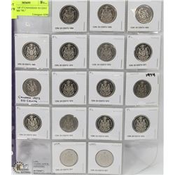 46) SHEET OF 17 CANADIAN 50 CENT COINS SOME "PL"