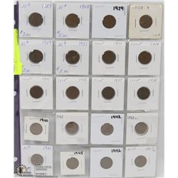 65) SHEET OF 18 CANADIAN PENNIES 1921-1947